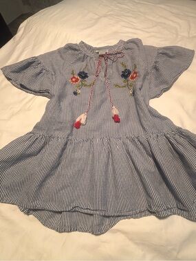 Babydoll CW Classics Blue and White Striped Top with Embroidery and Tassel Tie